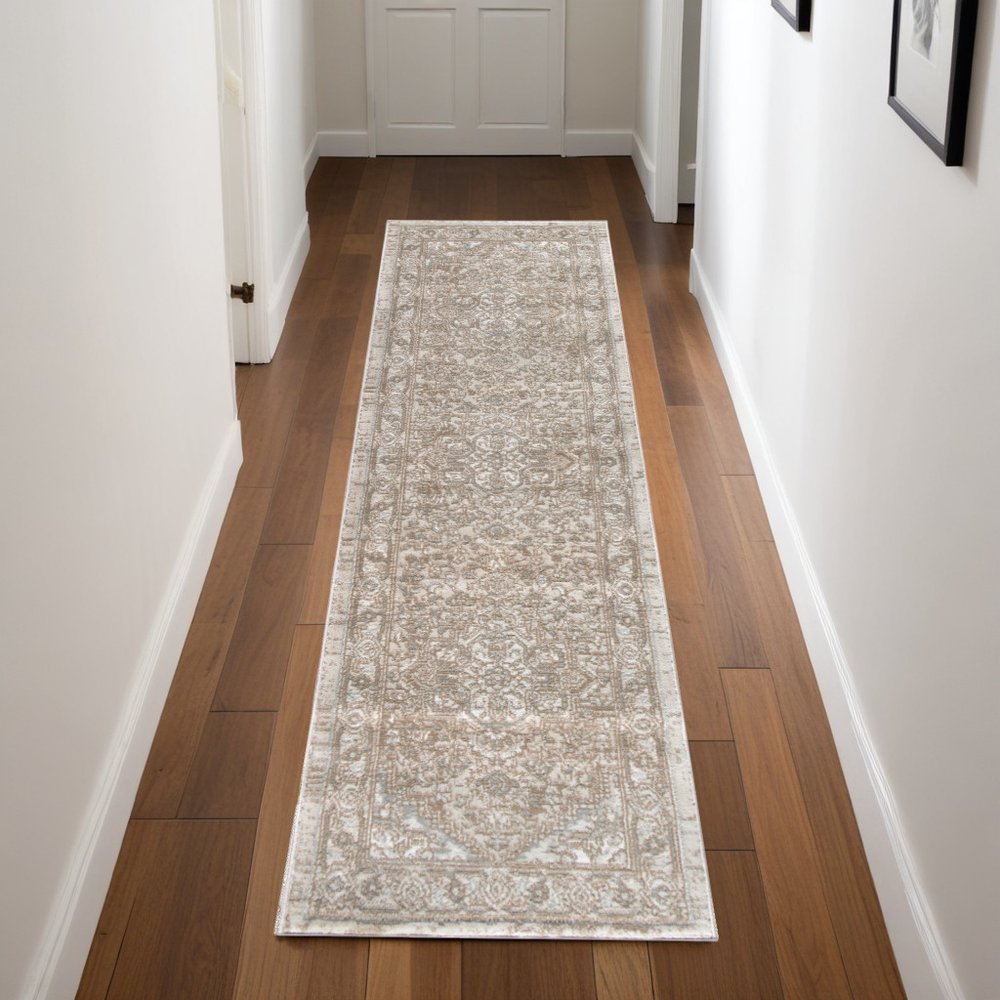 8' Beige And Ivory Medallion Distressed Runner Rug