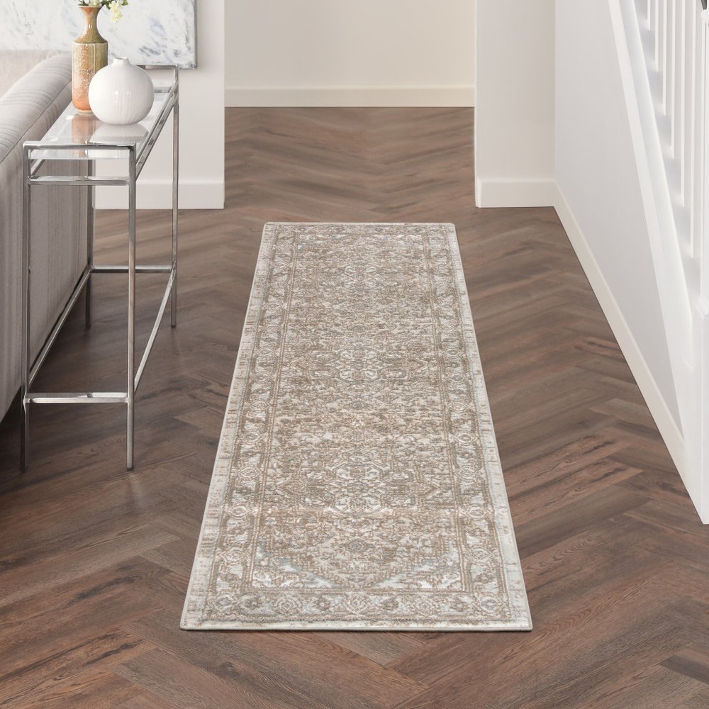 8' Beige And Ivory Medallion Distressed Runner Rug