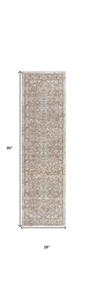 8' Beige And Ivory Medallion Distressed Runner Rug