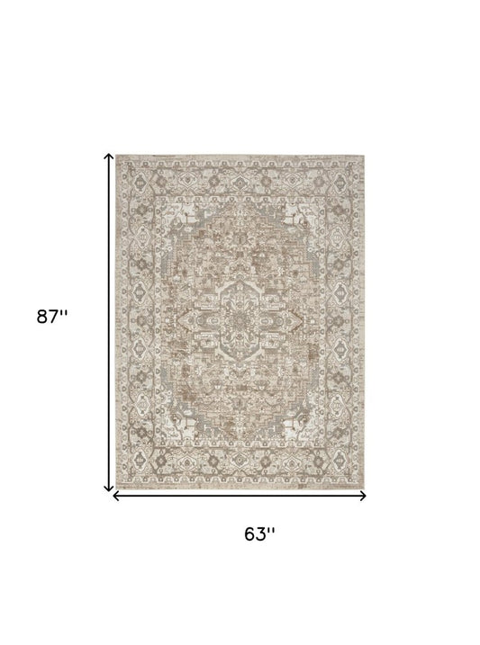 5' X 7' Beige and Ivory Medallion Power Loom Distressed Area Rug