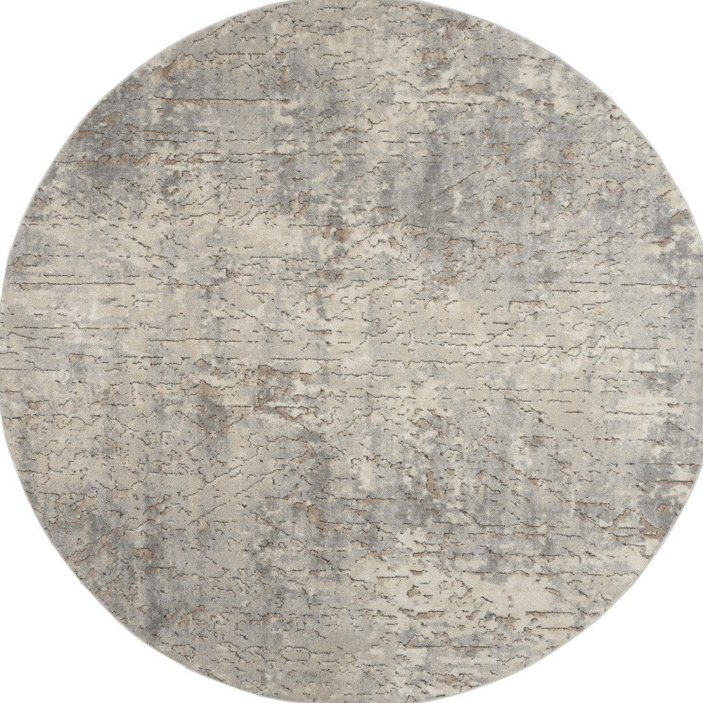 8' Beige and Gray Round Abstract Power Loom Area Rug
