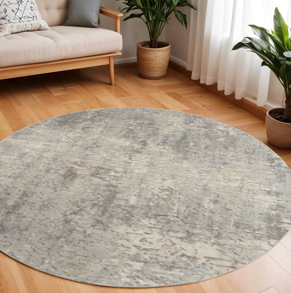 8' Beige and Gray Round Abstract Power Loom Area Rug