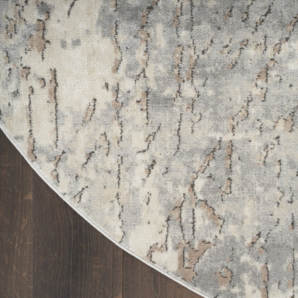 8' Beige and Gray Round Abstract Power Loom Area Rug