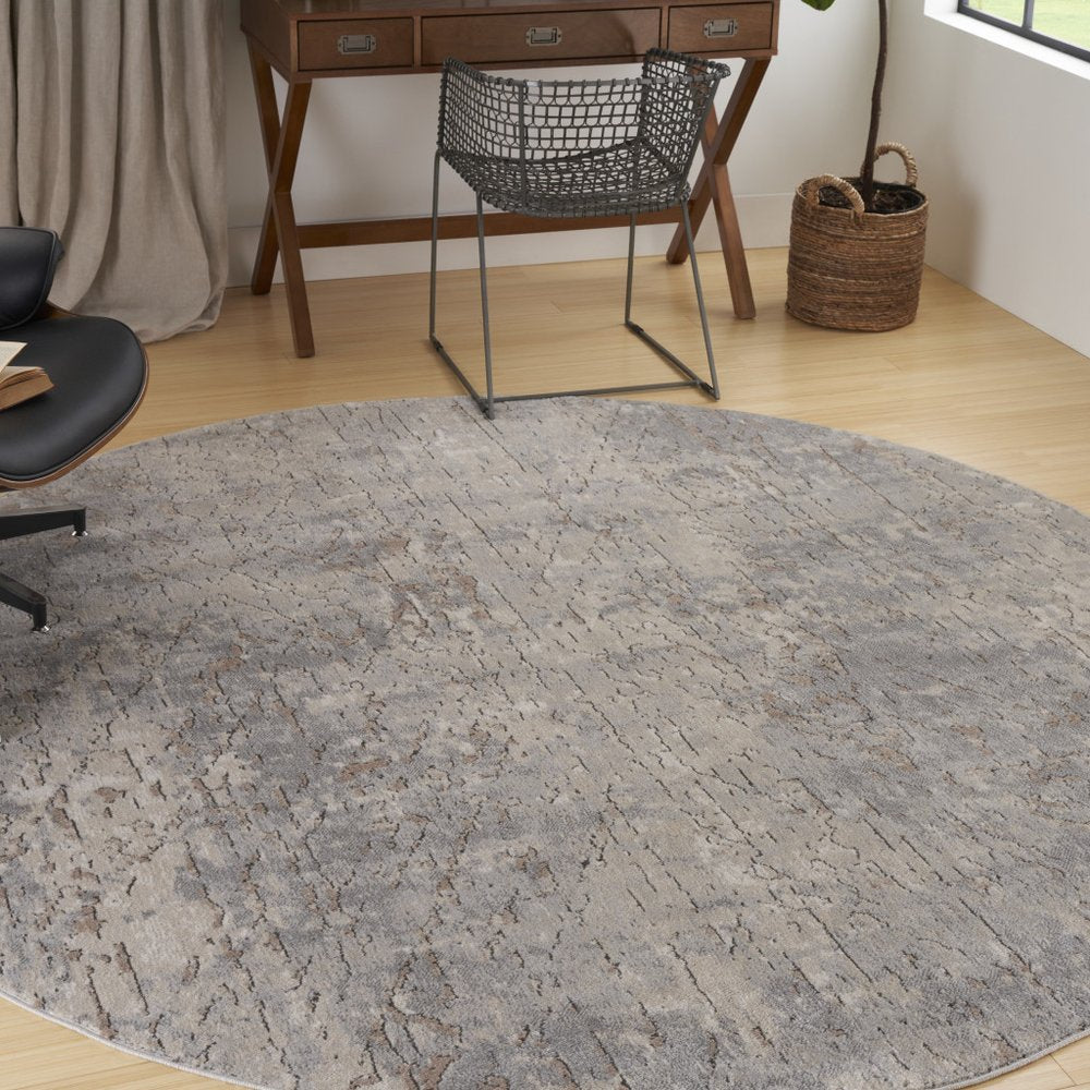 8' Beige and Gray Round Abstract Power Loom Area Rug