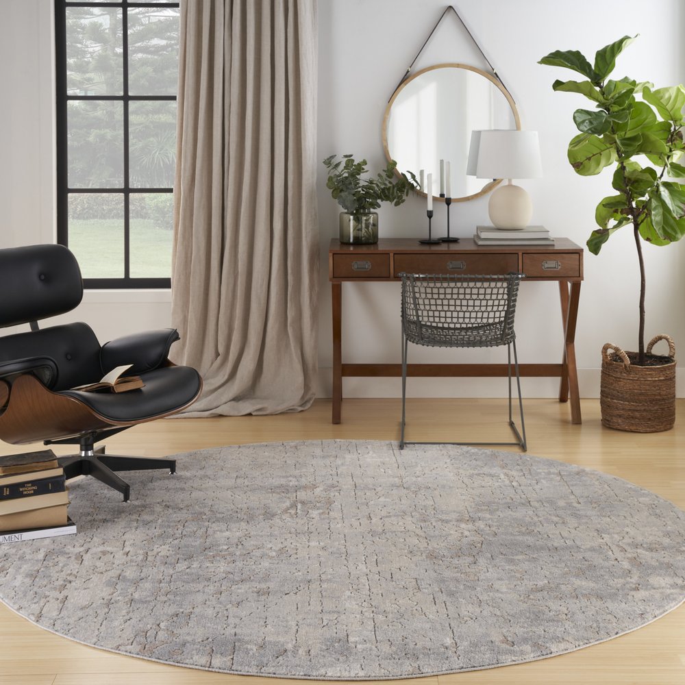 8' Beige and Gray Round Abstract Power Loom Area Rug