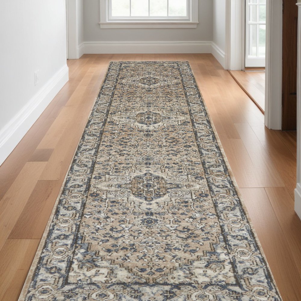 16' Beige And Gray Medallion Distressed Runner Rug