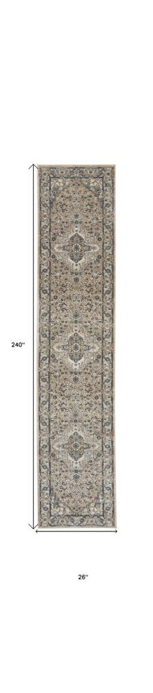 20' Beige And Gray Medallion Distressed Runner Rug