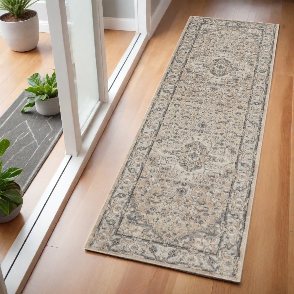6' Beige And Gray Medallion Distressed Runner Rug