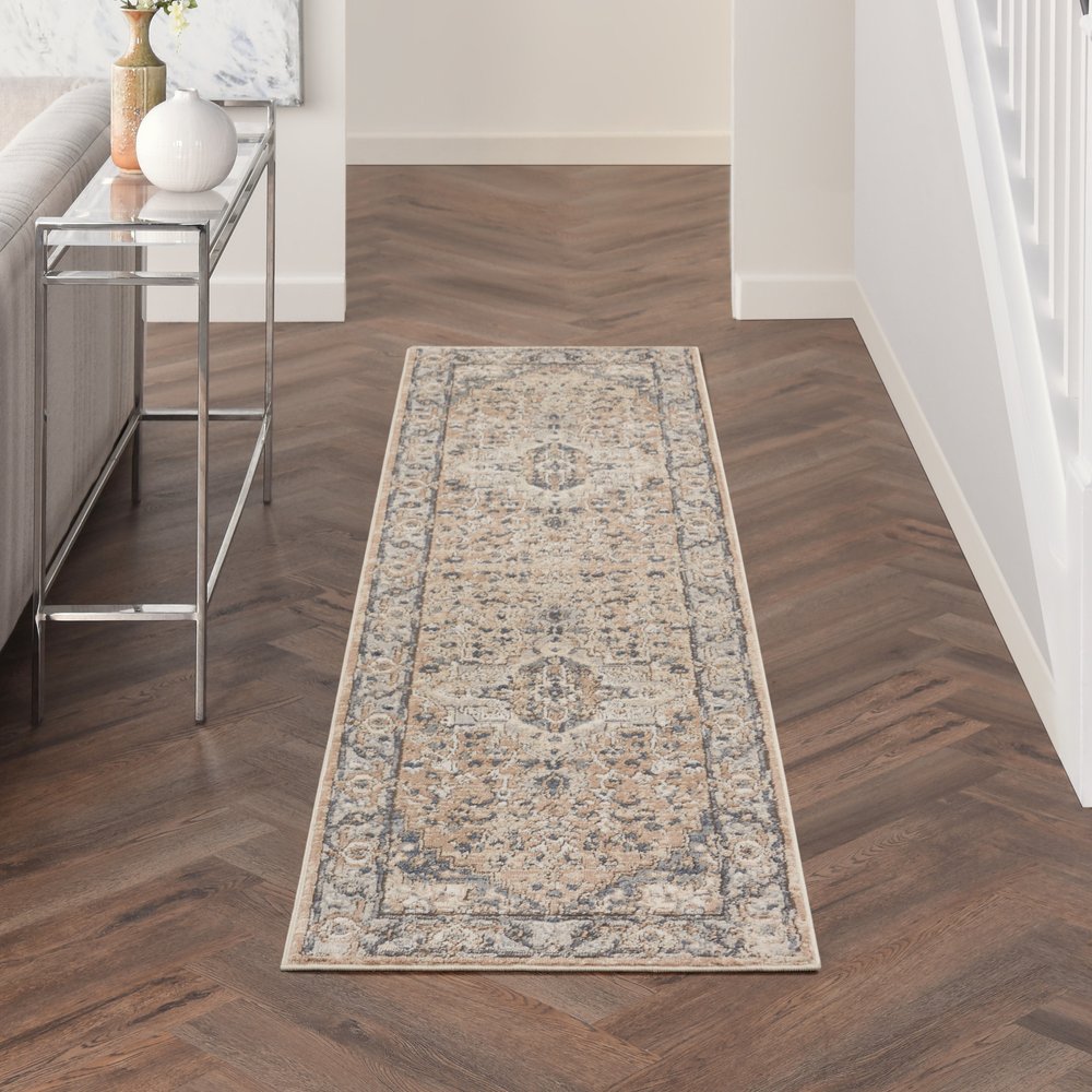 6' Beige And Gray Medallion Distressed Runner Rug