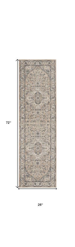 6' Beige And Gray Medallion Distressed Runner Rug