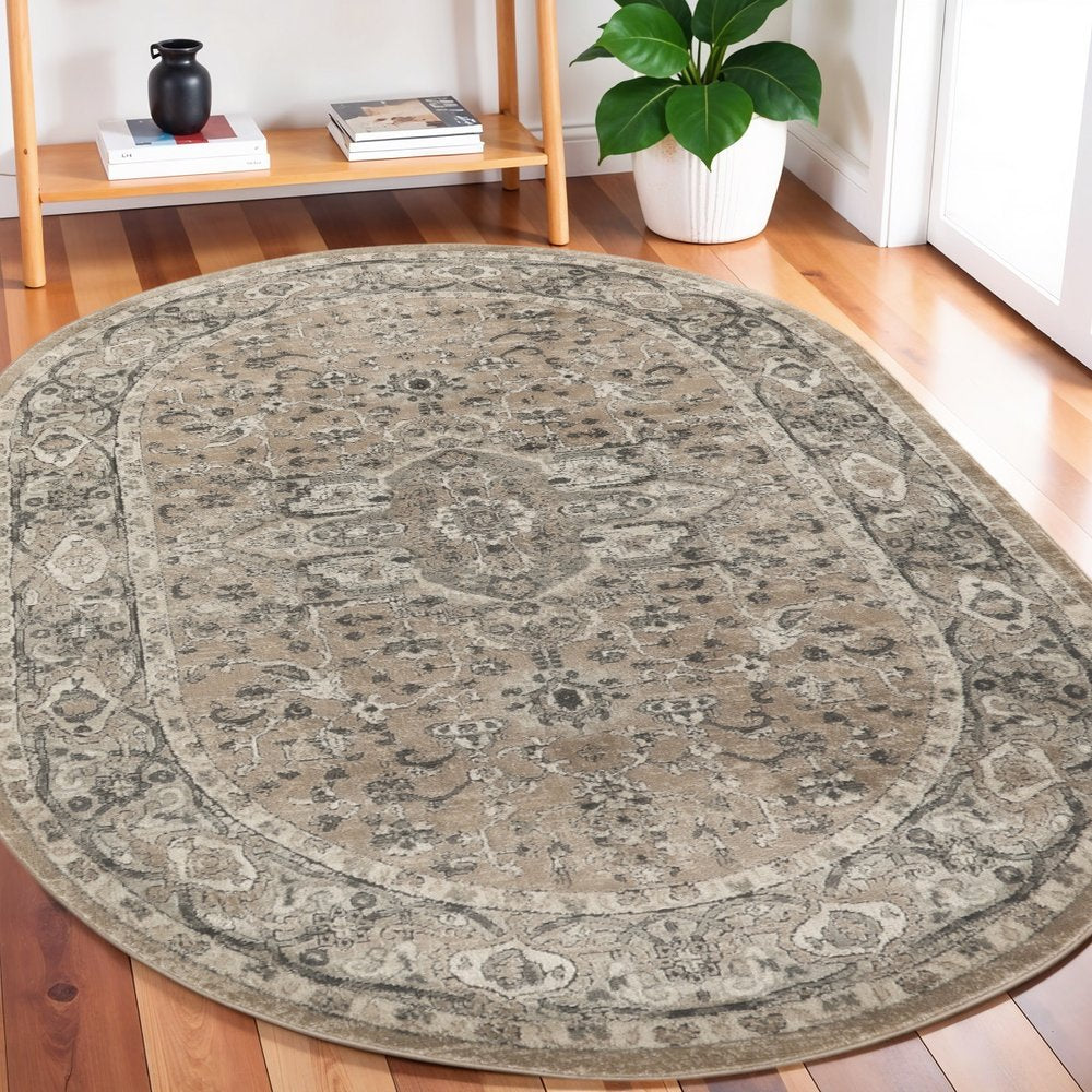 5' X 8' Beige and Gray Medallion Power Loom Distressed Area Rug