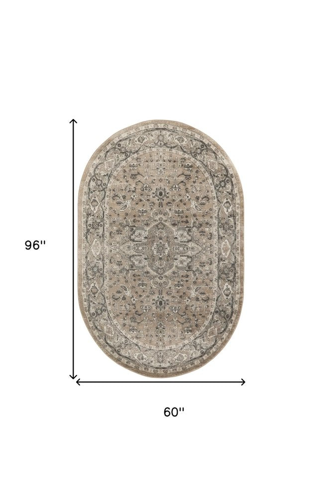 5' X 8' Beige and Gray Medallion Power Loom Distressed Area Rug