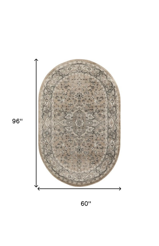 5' X 8' Beige and Gray Medallion Power Loom Distressed Area Rug