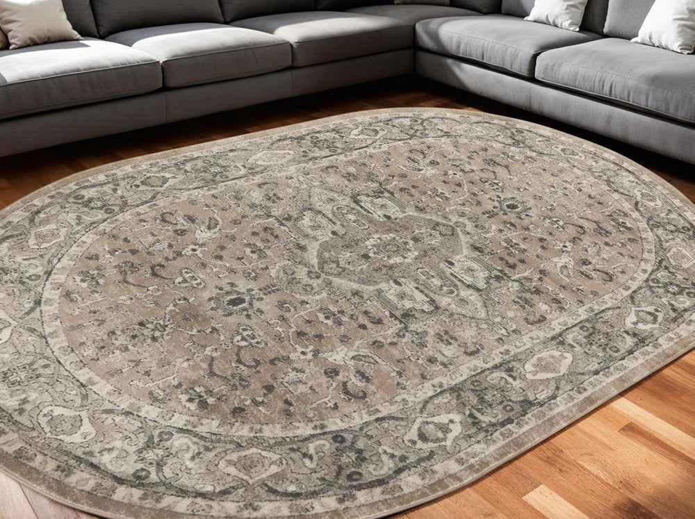 6' X 9' Beige and Gray Medallion Power Loom Distressed Area Rug