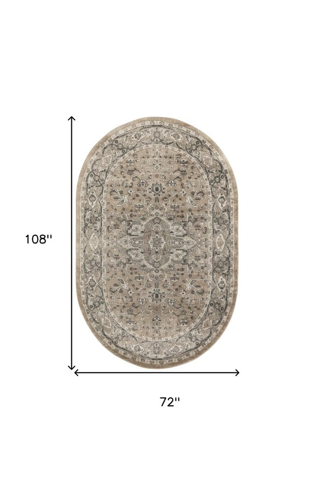 6' X 9' Beige and Gray Medallion Power Loom Distressed Area Rug