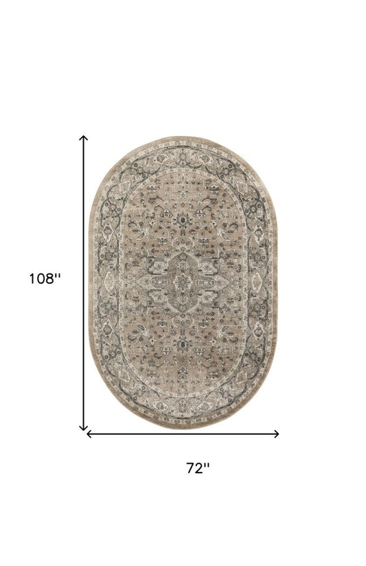 6' X 9' Beige and Gray Medallion Power Loom Distressed Area Rug