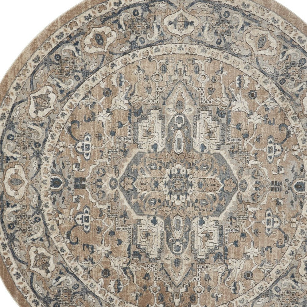 10' Beige and Gray Round Medallion Power Loom Distressed Area Rug