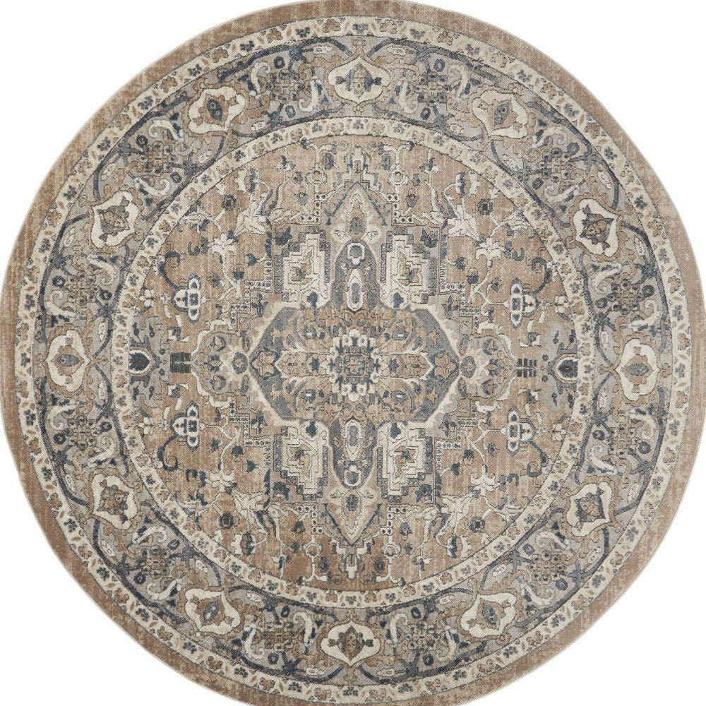 10' Beige and Gray Round Medallion Power Loom Distressed Area Rug
