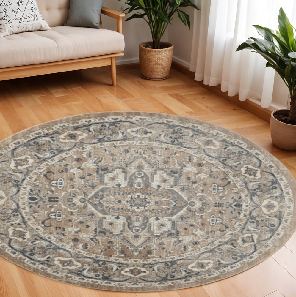 10' Beige and Gray Round Medallion Power Loom Distressed Area Rug