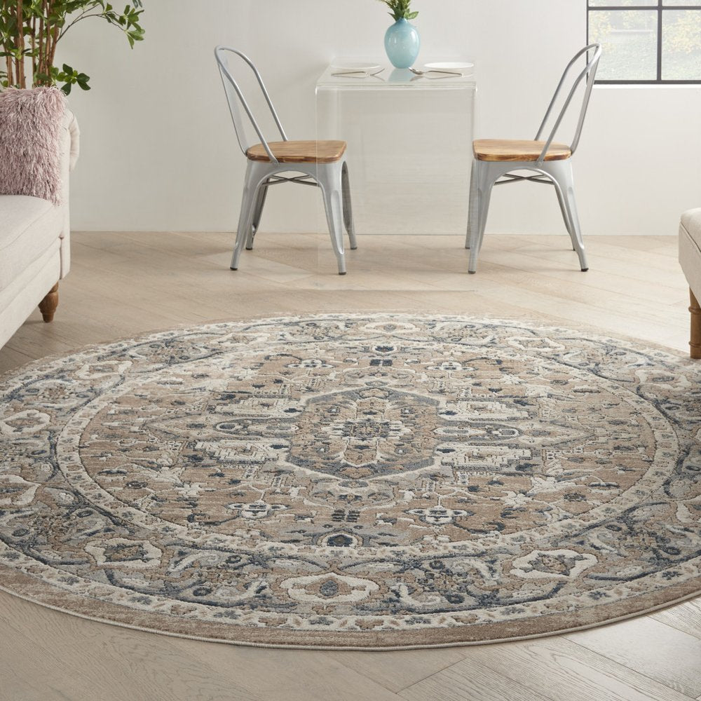 10' Beige and Gray Round Medallion Power Loom Distressed Area Rug