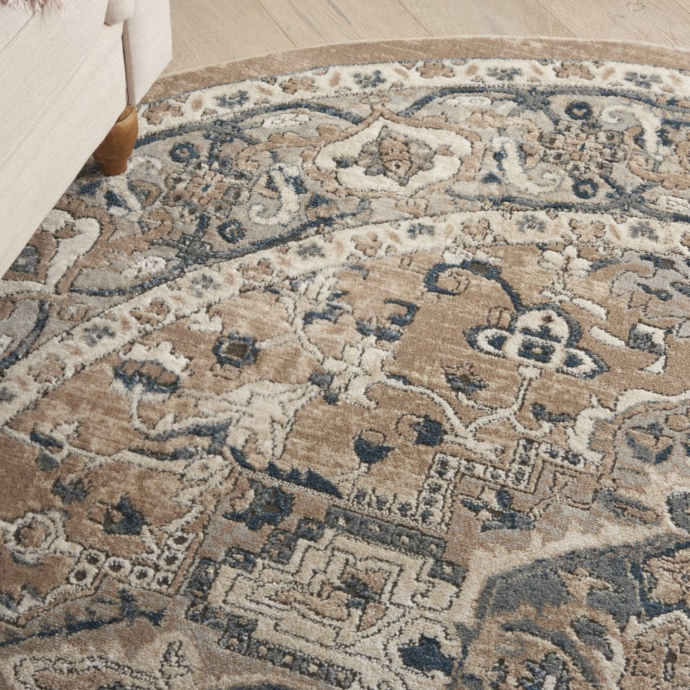 10' Beige and Gray Round Medallion Power Loom Distressed Area Rug