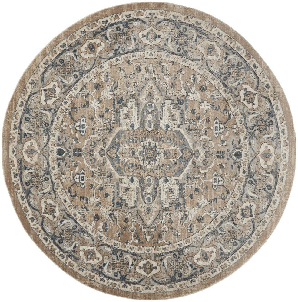 10' Beige and Gray Round Medallion Power Loom Distressed Area Rug
