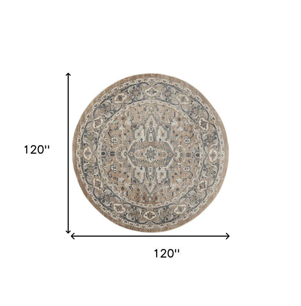 10' Beige and Gray Round Medallion Power Loom Distressed Area Rug