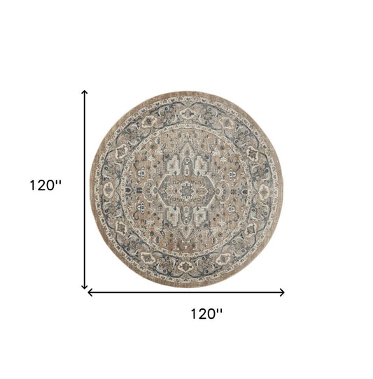 10' Beige and Gray Round Medallion Power Loom Distressed Area Rug