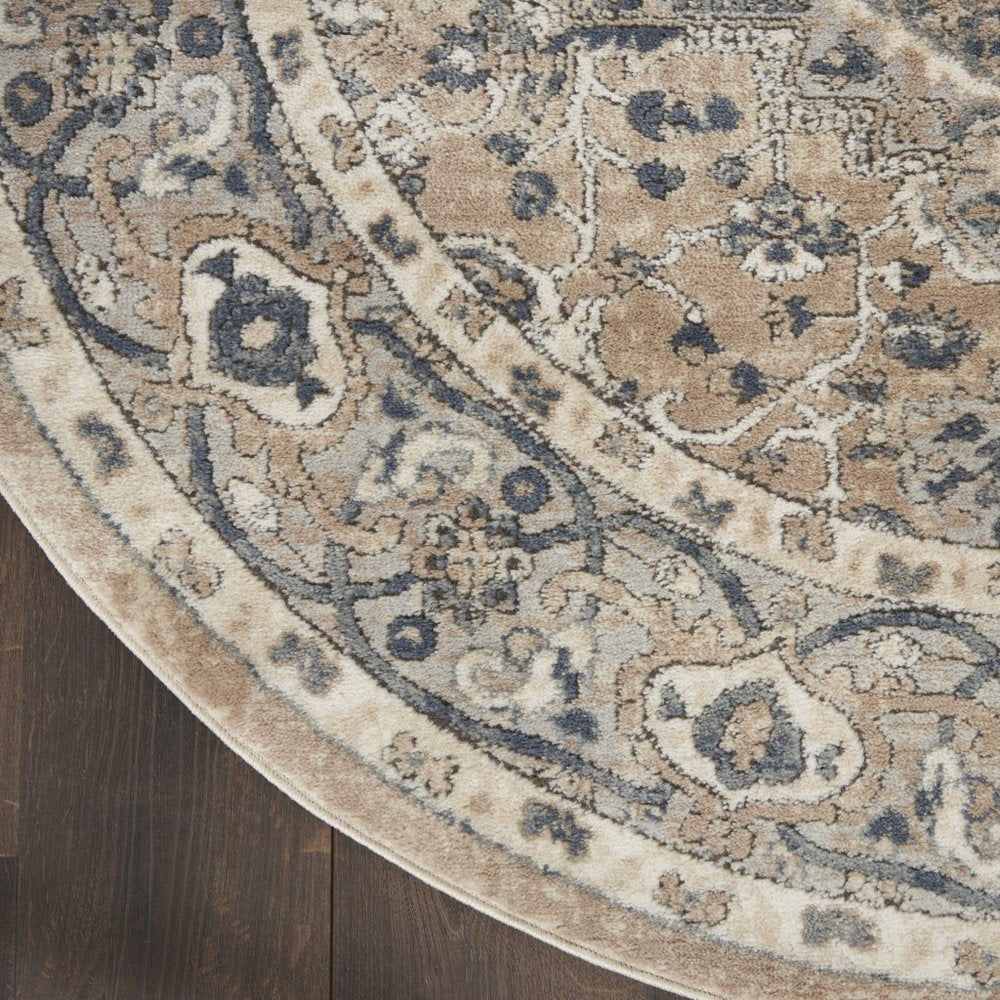 10' Beige and Gray Round Medallion Power Loom Distressed Area Rug