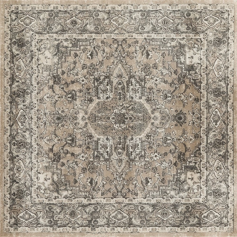 4' Beige and Gray Square Medallion Power Loom Distressed Area Rug