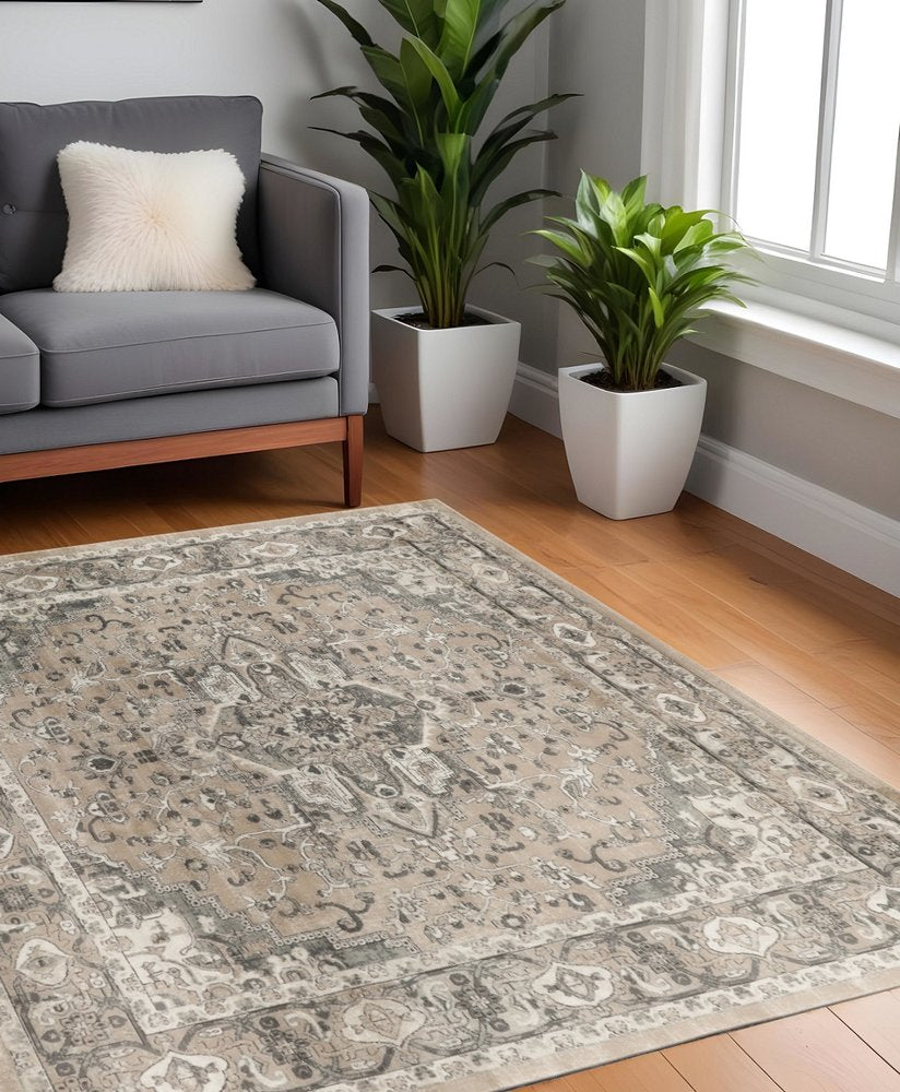 4' Beige and Gray Square Medallion Power Loom Distressed Area Rug