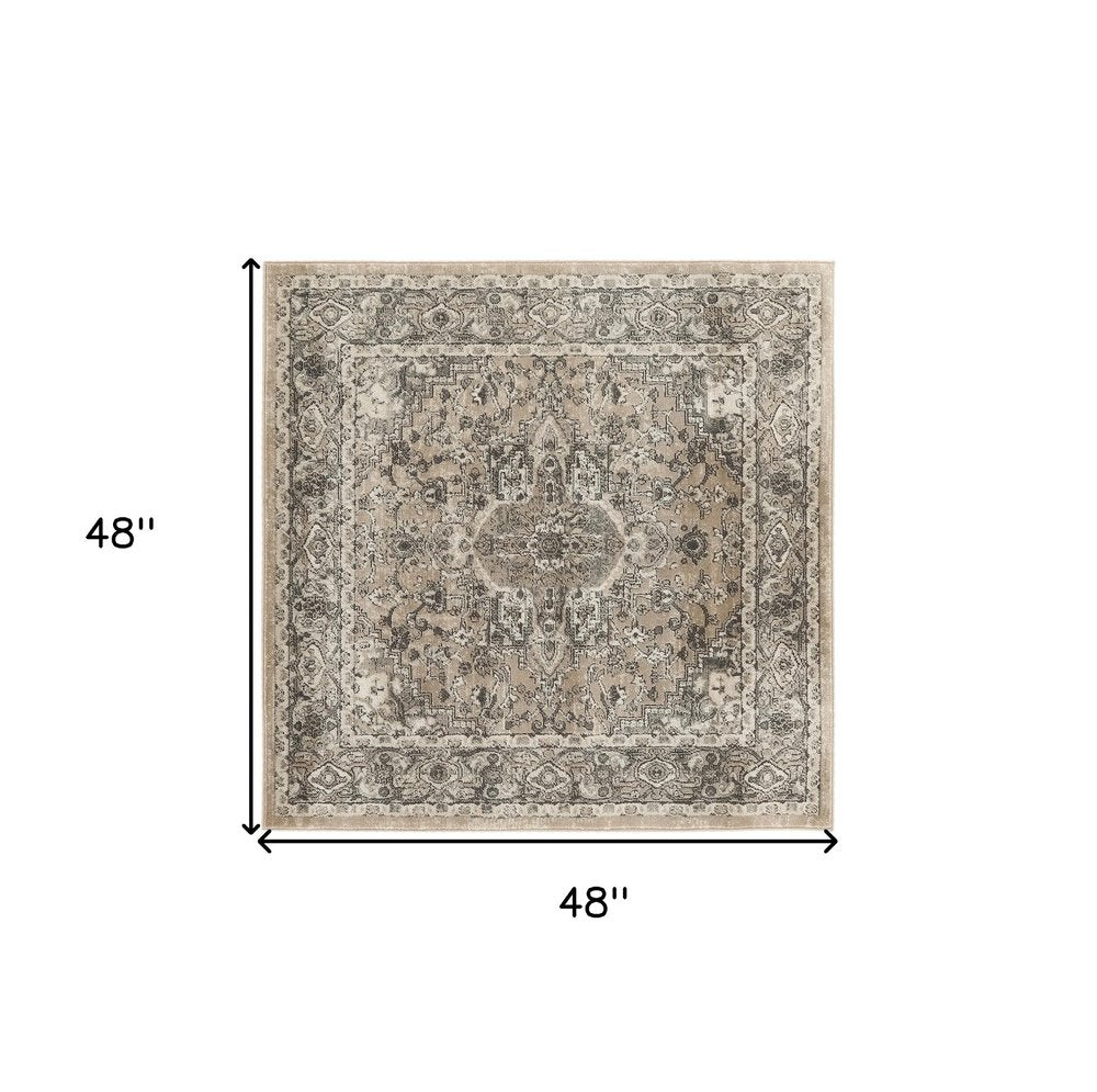 4' Beige and Gray Square Medallion Power Loom Distressed Area Rug