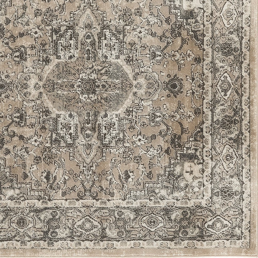 5' Beige and Gray Square Medallion Power Loom Distressed Area Rug