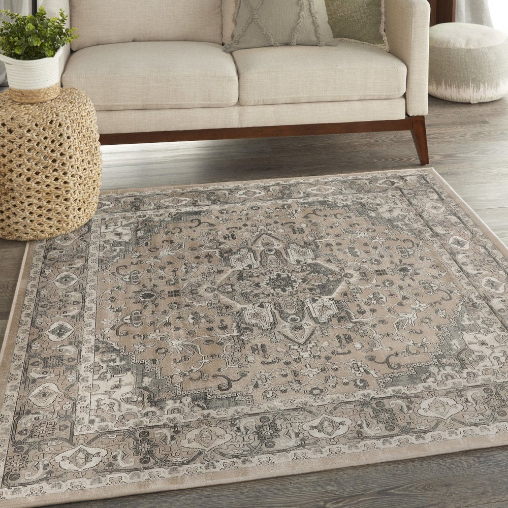 5' Beige and Gray Square Medallion Power Loom Distressed Area Rug