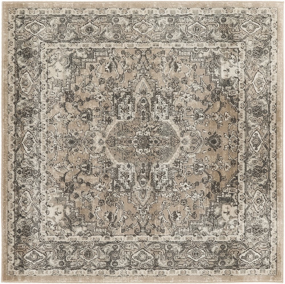 5' Beige and Gray Square Medallion Power Loom Distressed Area Rug