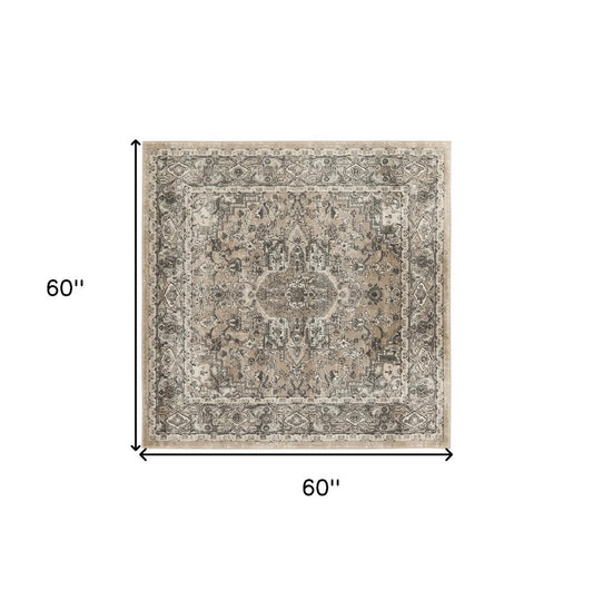 5' Beige and Gray Square Medallion Power Loom Distressed Area Rug