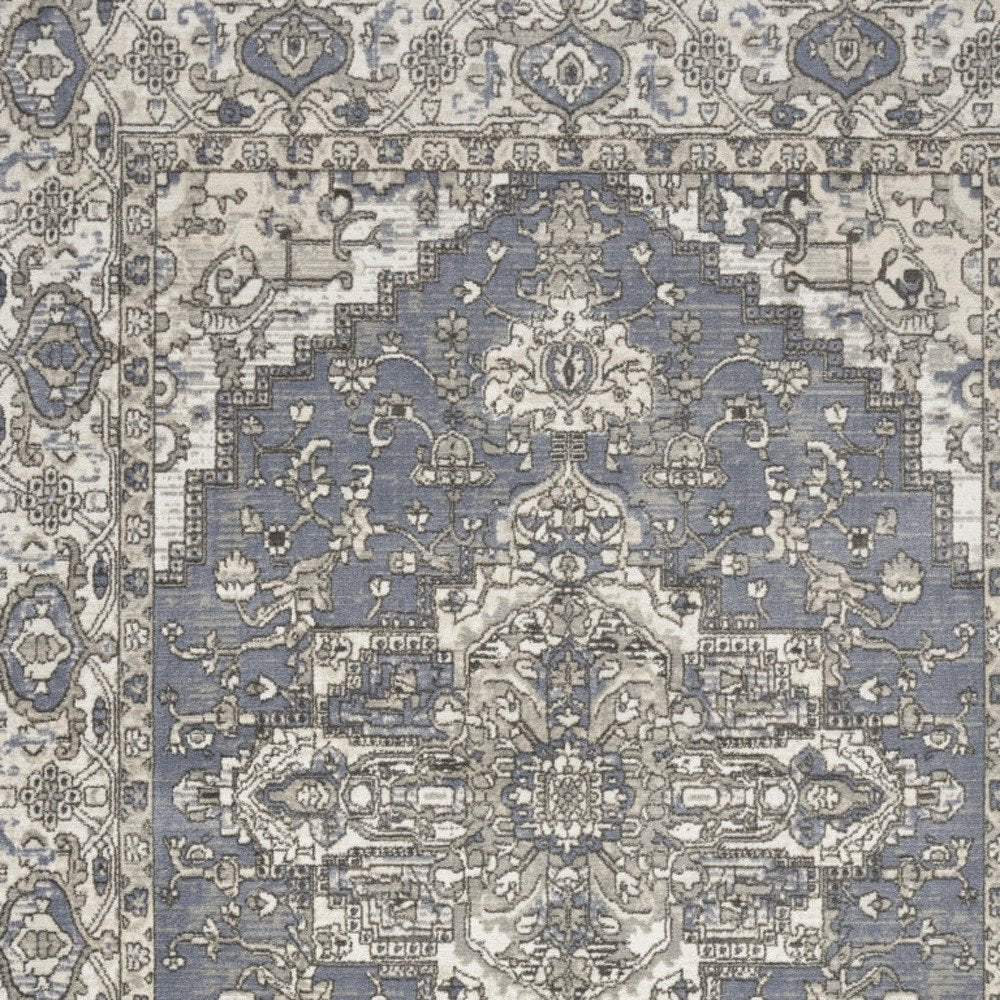 4' X 6' Blue And Ivory Medallion Distressed Area Rug