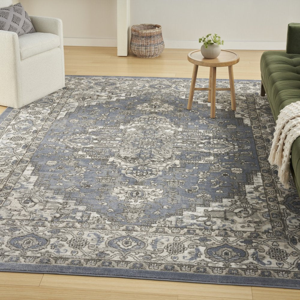 4' X 6' Blue And Ivory Medallion Distressed Area Rug