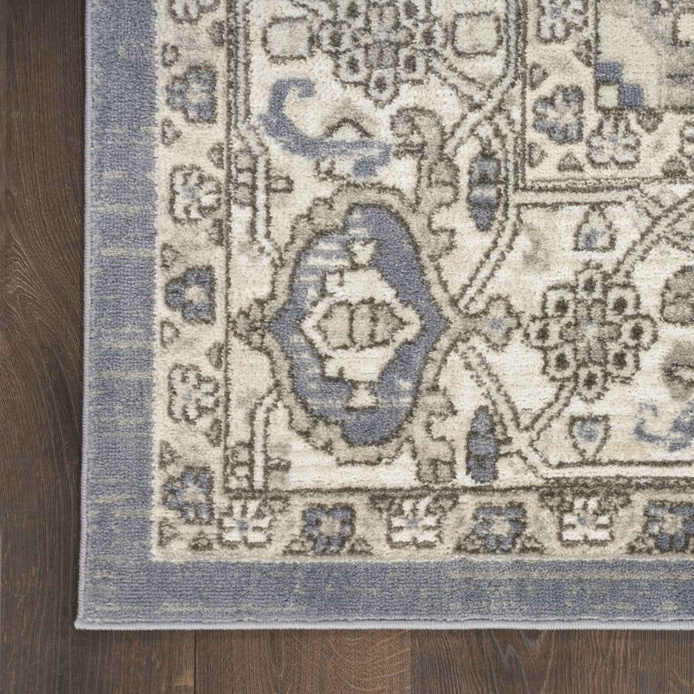 8' Blue And Ivory Medallion Distressed Runner Rug