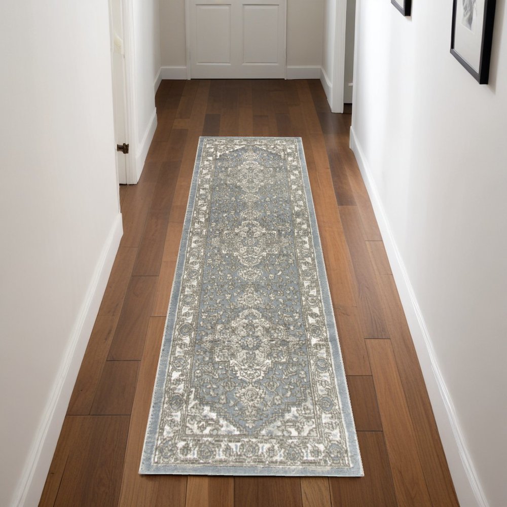 8' Blue And Ivory Medallion Distressed Runner Rug