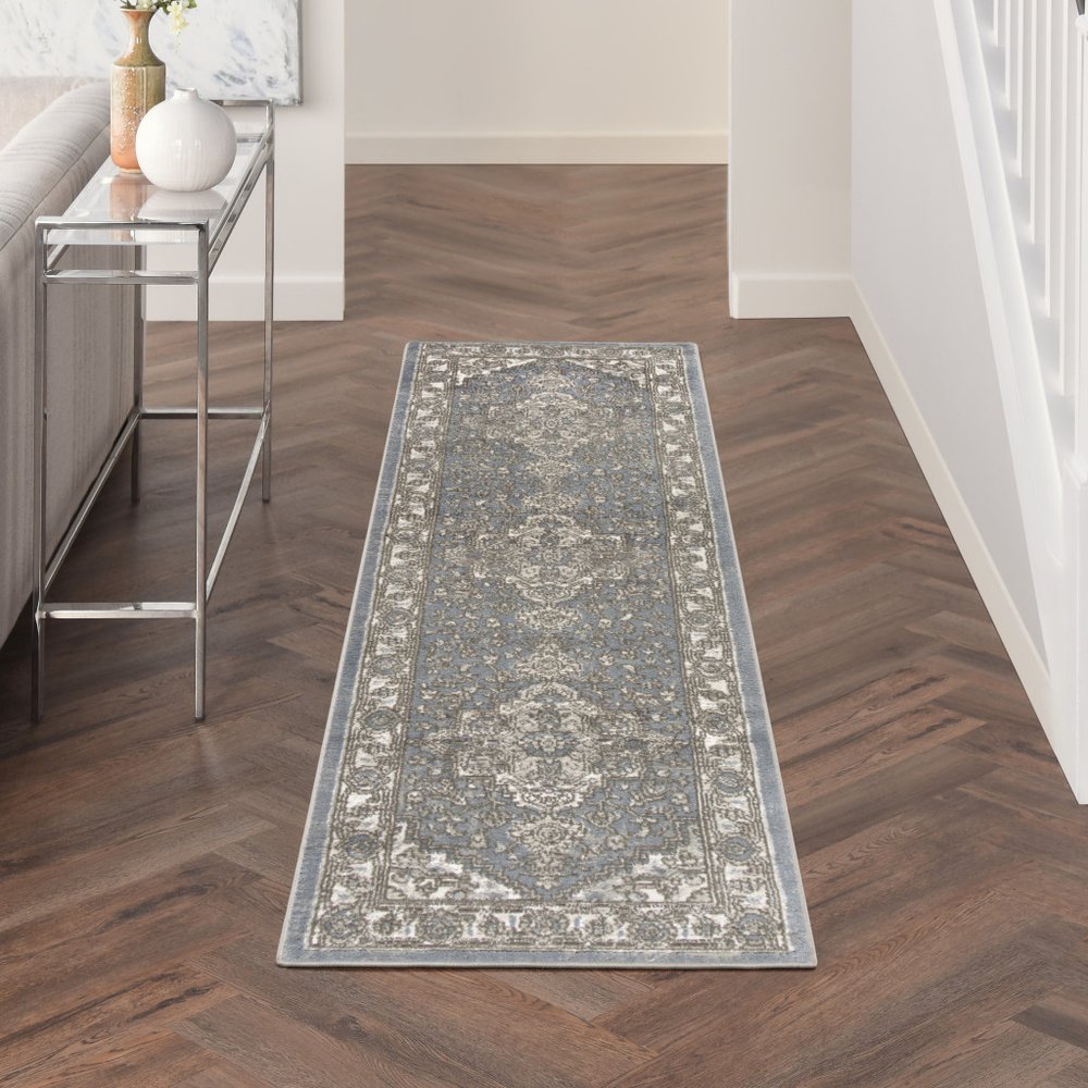 8' Blue And Ivory Medallion Distressed Runner Rug