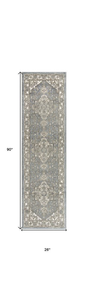 8' Blue And Ivory Medallion Distressed Runner Rug