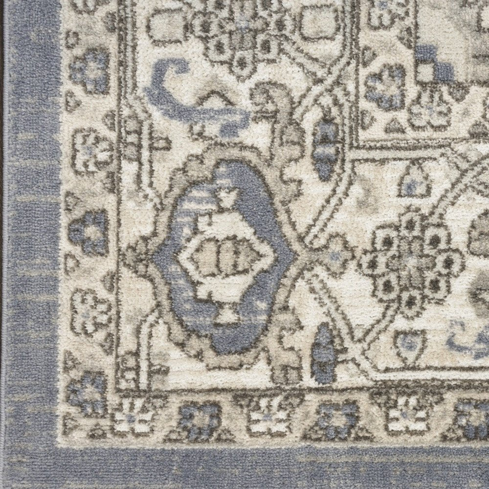 8' Blue And Ivory Medallion Distressed Runner Rug