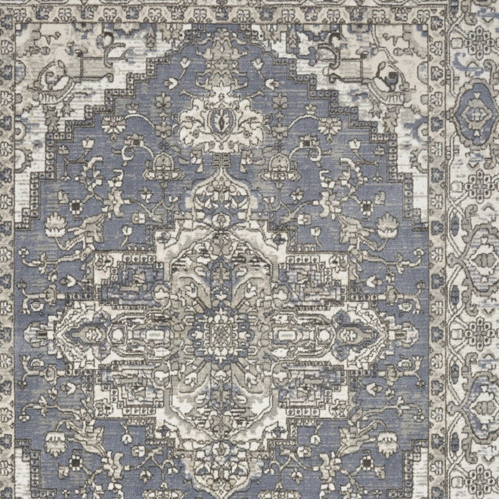 5' X 7' Blue and Ivory Medallion Power Loom Distressed Area Rug