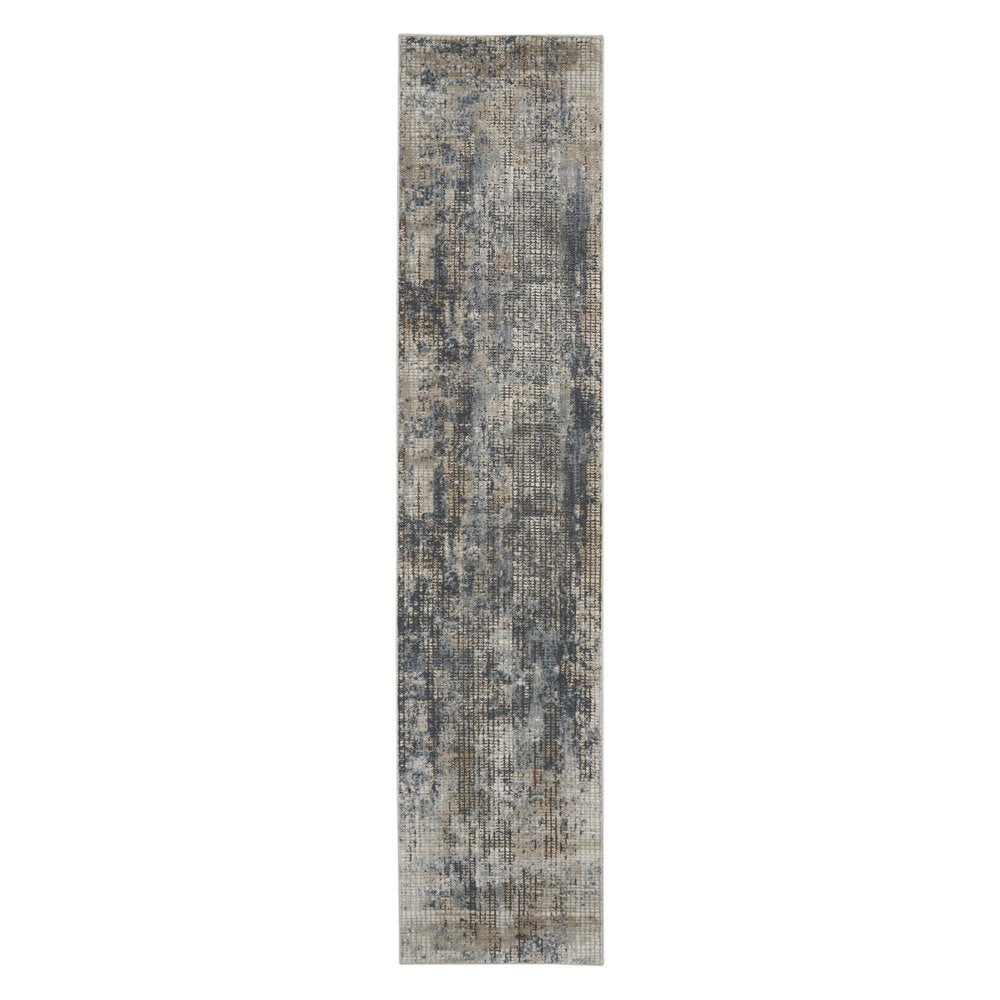 10' Beige And Blue Abstract Distressed Runner Rug