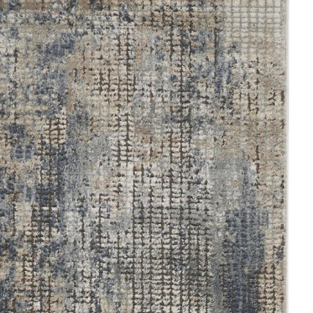 10' Beige And Blue Abstract Distressed Runner Rug