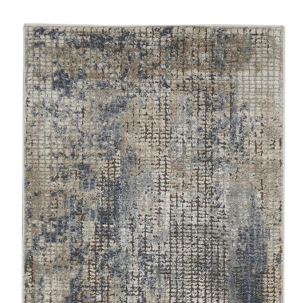 10' Beige And Blue Abstract Distressed Runner Rug