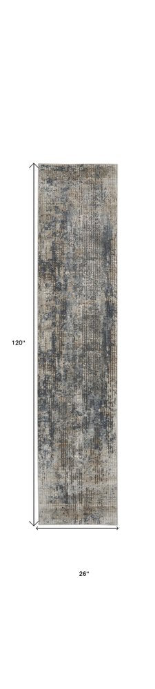 10' Beige And Blue Abstract Distressed Runner Rug