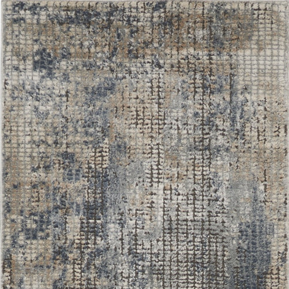 10' Beige And Blue Abstract Distressed Runner Rug