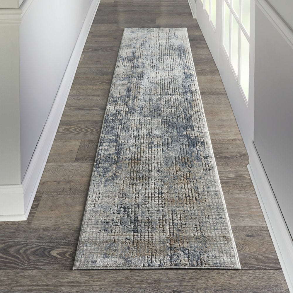 10' Beige And Blue Abstract Distressed Runner Rug